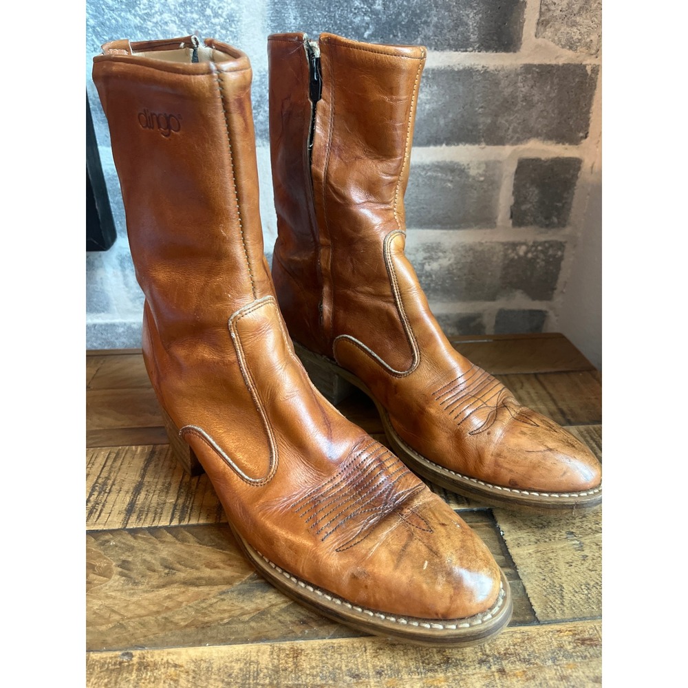 Dingo Mens Leather Western Boots Tan Zipper Square Toe‎ Size 10.5